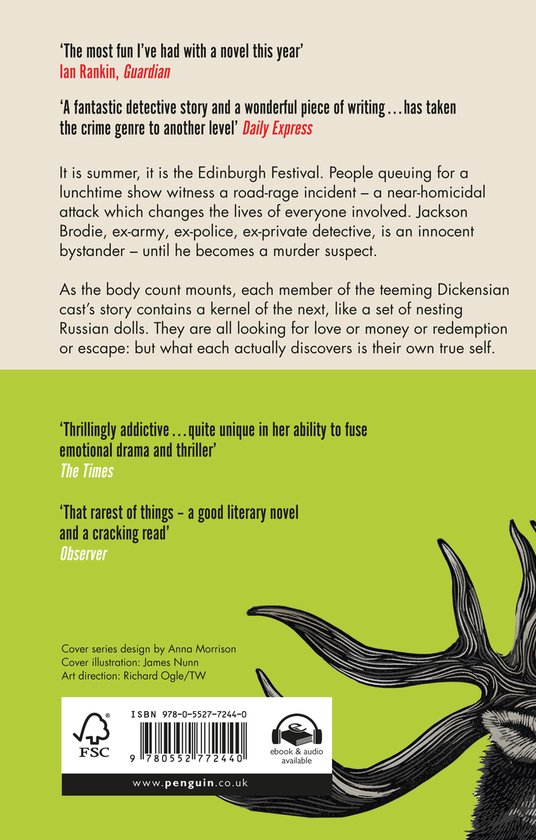 Boekomslag met citaten over 'The most fun I've had with a novel this year' en 'A fantastic detective story'.