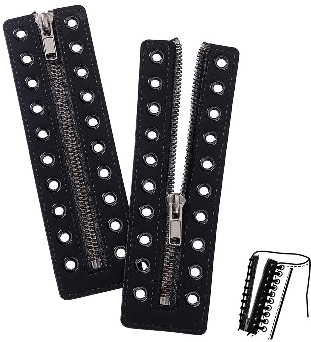 Dailygoods- Schoenveters Knoopvrij - Lederen Vetersluiting - Zwarte Veters - 17,5x5cm - 10 Metalen Oogjes - Duurzaam en Herbruikbaar