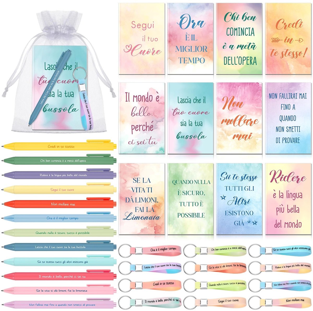 Dailygoods- Zaknotitieboeken 48 stuks - Mini-zaknotitieboeken - Inspirerende pennen - Sleutelhanger - Motiverende citaten - Kleurige omslagen - Notitieboekjes
