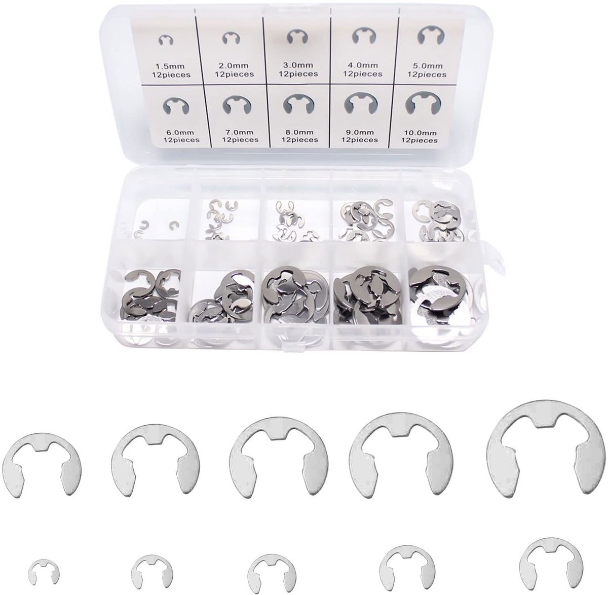Dailygoods- Zekeringsringen set van 120 stuks - Bevestigingsclips - 10 maten - Roestvrij staal - Opbergdoos - Duurzaam ontwerp - Bevestigingsringen