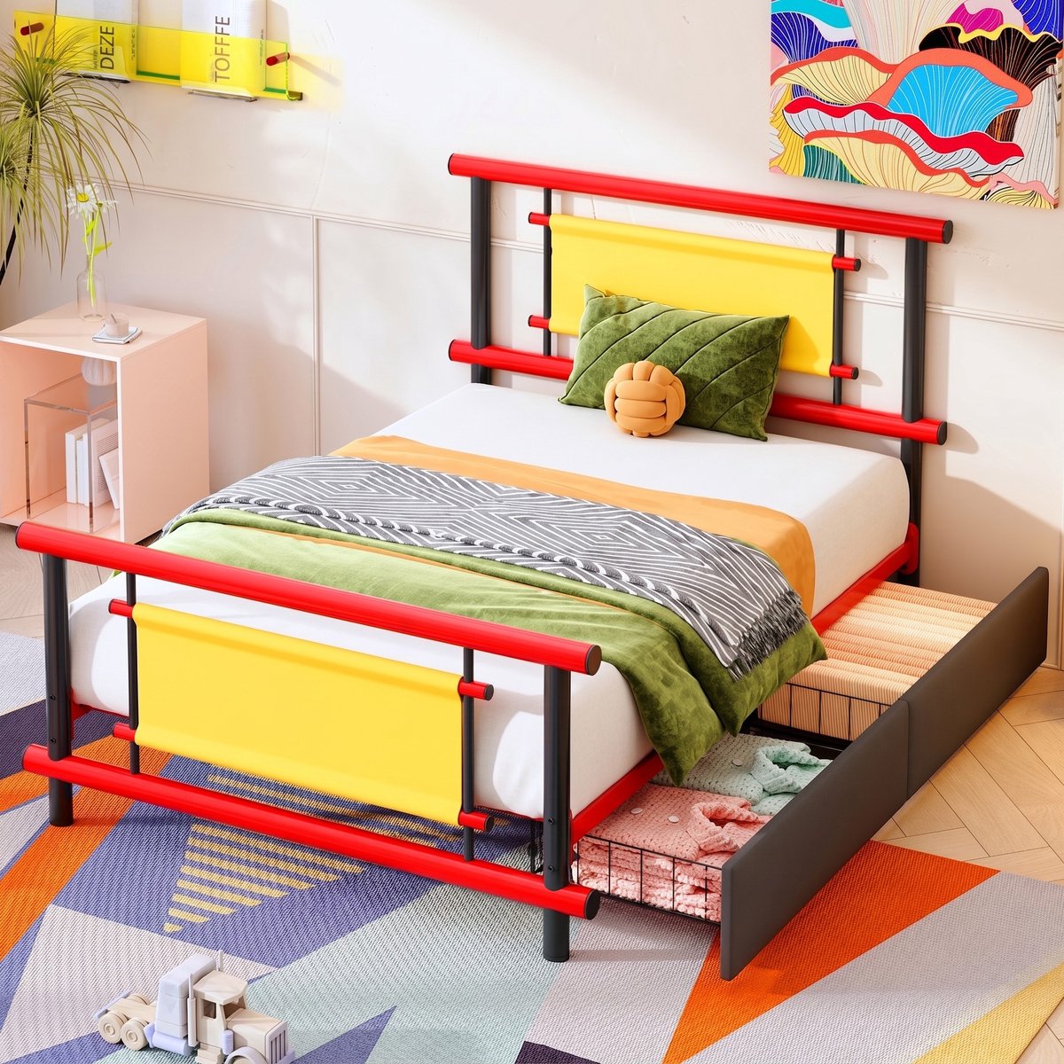 VVBV Eenpersoonsbed 90x200 / Opbergbed – met Opbergruimte, Lades – Voor Meisjes – Voor Jongens – Staal – Rood – met Lades – Ruimtebesparend Red