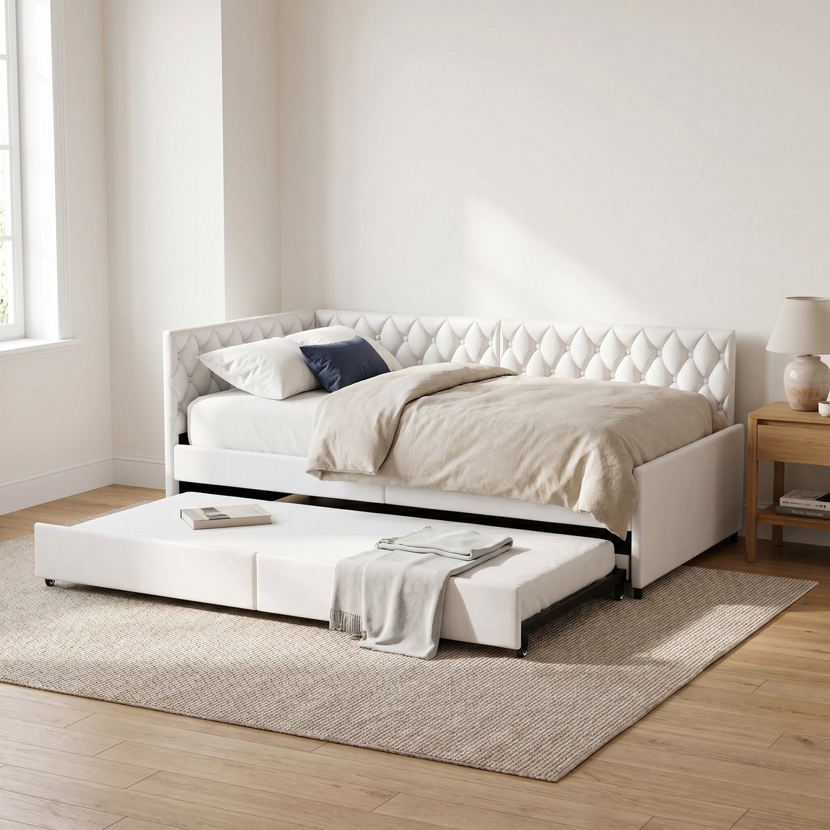 Bedbank - 90x200 cm - met Uitschuifbed - Slaapbank - Daybed - Fluwelen bed - Beige