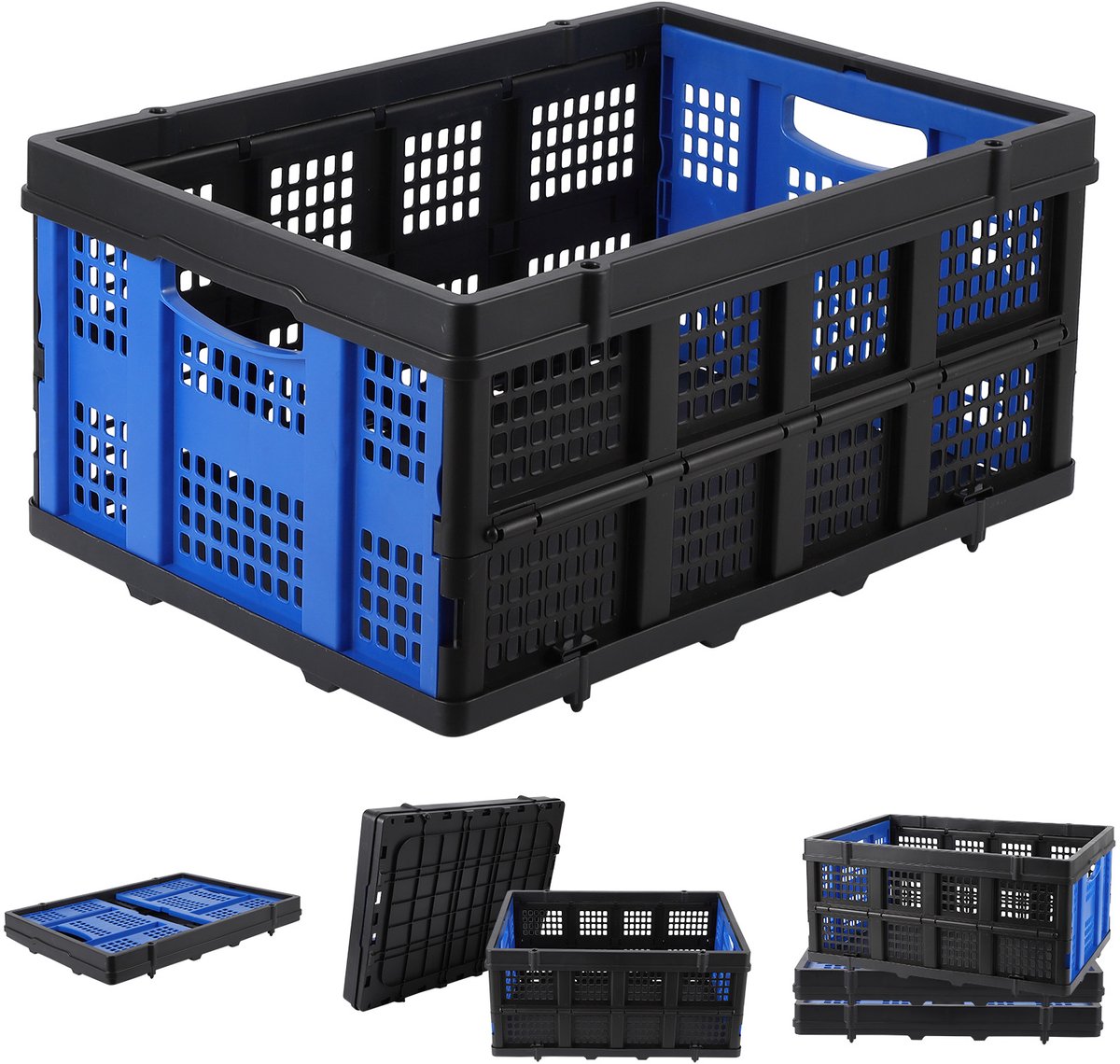 Opvouwbare Opbergkrat 55L - Stapelbare Plastic Krat Met Handgrepen - 40 x 56 x 26 cm - Blauw