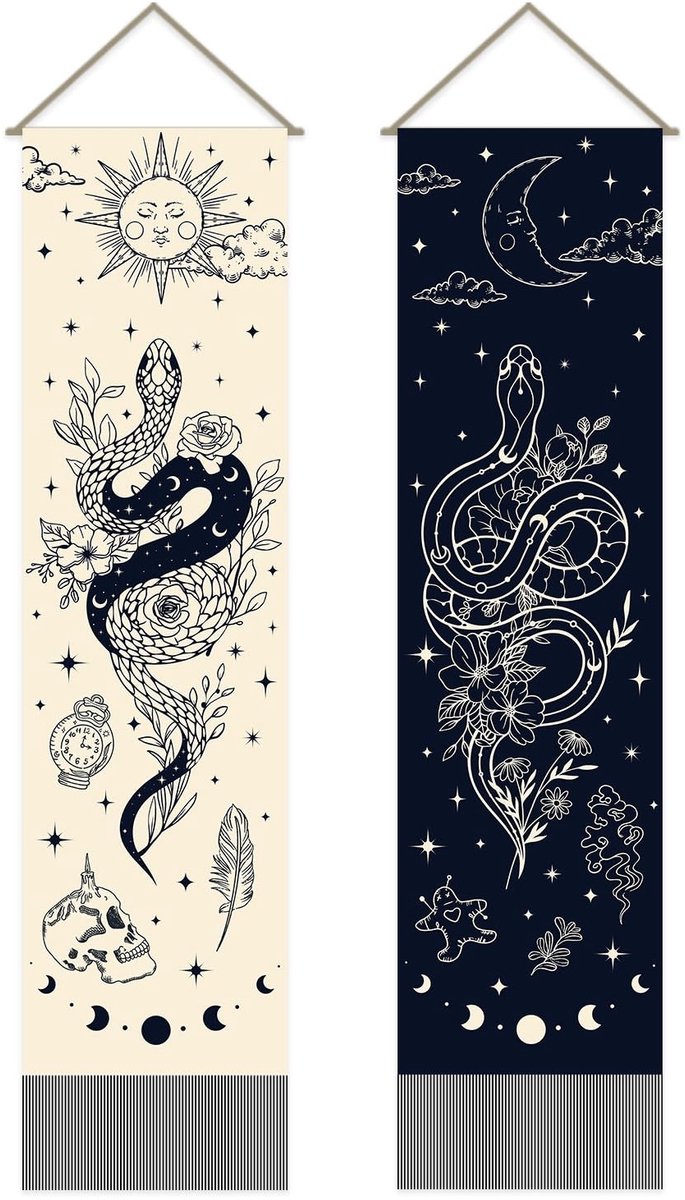 ZEYNOMAX- Wandtapijt Set van 2 - Bohemien Slangenprint - Mystiek Wandkleed - Kwastje - 30 x 130 cm - Verticaal Design - Muurtapijt