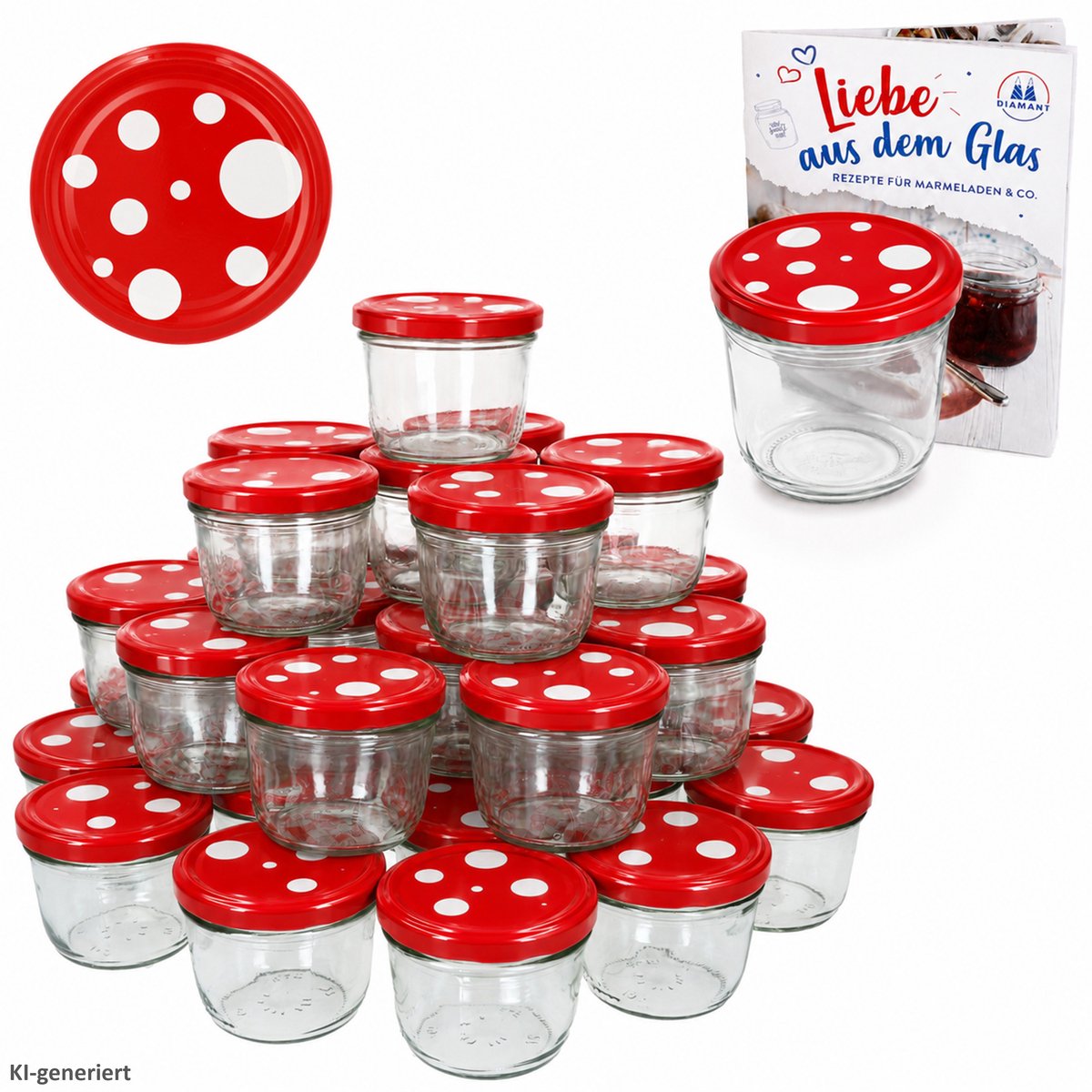 Set van 100 bekers 230 ml To 82 paddenstoeldeksel rood wit gestippeld incl. Diamant Gelierzauber receptenboekje