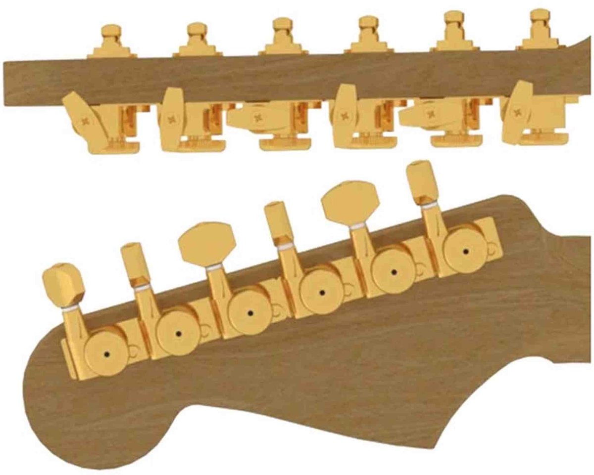 Hipshot HS6K1EL0GST guitar tuner upgrade kit, 6 inline Grip-Lock, closed gold staggered
