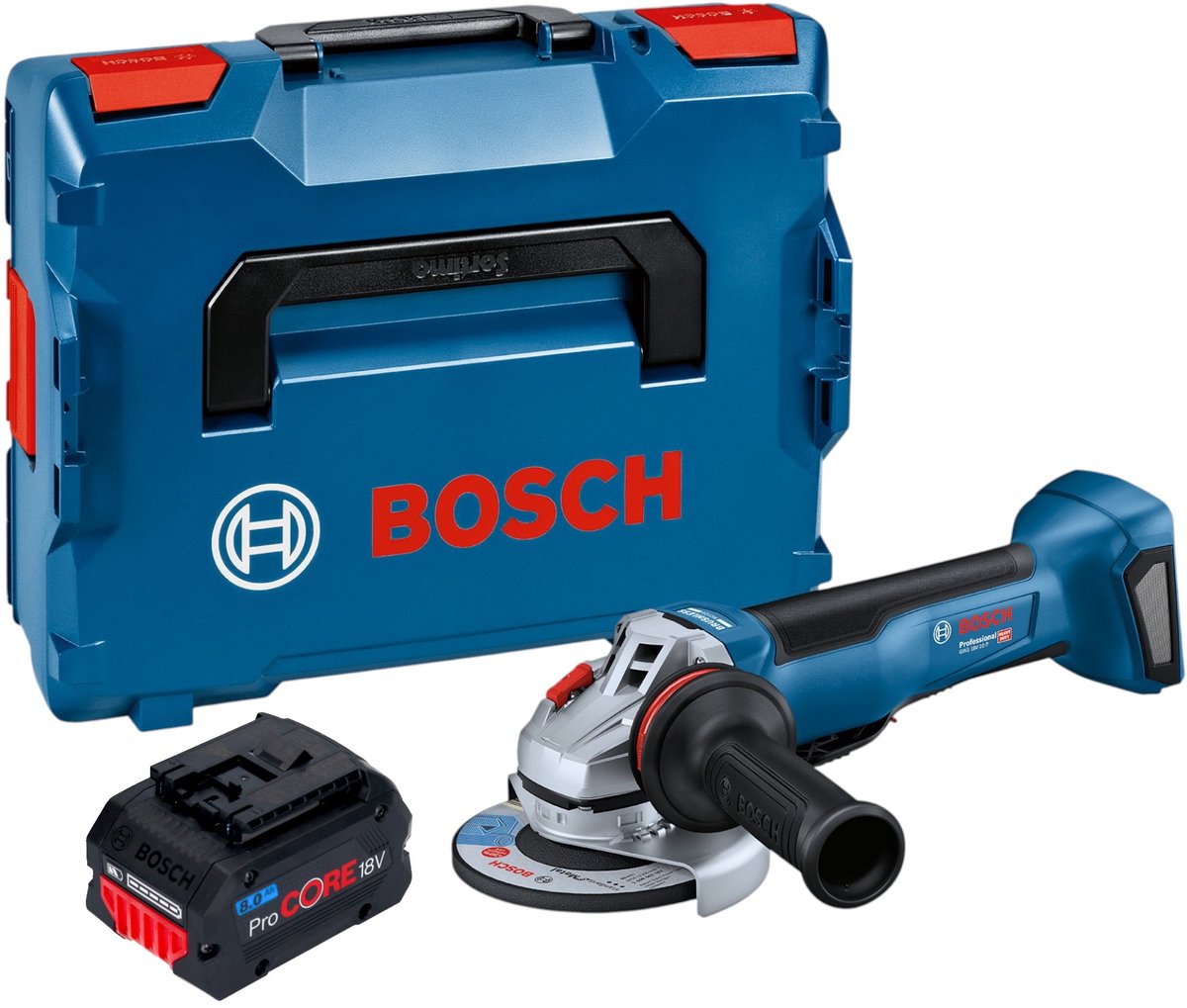 Bosch GWS 18V-10 P Professional accu-haakse slijper 18 V 125 mm borstelloos + 1x ProCORE-accu 8,0 Ah + L-Boxx - zonder oplader
