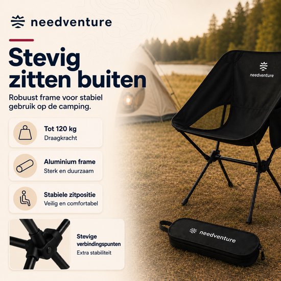 Zwarte campingstoel met robuust aluminium frame, geschikt tot 120 kg, met stevige verbindingspunten.