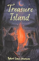 Boekomslag van 'Treasure Island' door Robert Louis Stevenson. Twee figuren zitten bij een kampvuur onder een maanverlichte hemel.