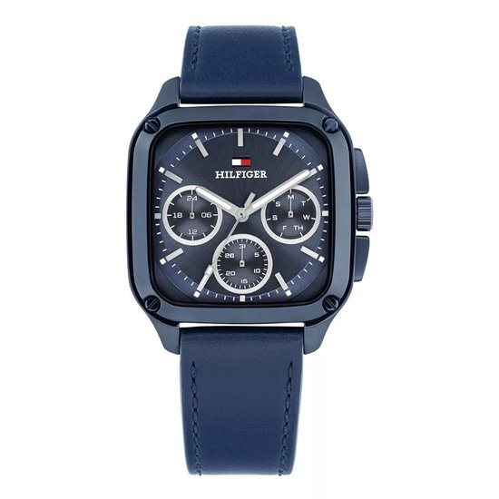 Montre Tommy Hilfiger bleu foncé avec boîtier carré et affichage de la date.