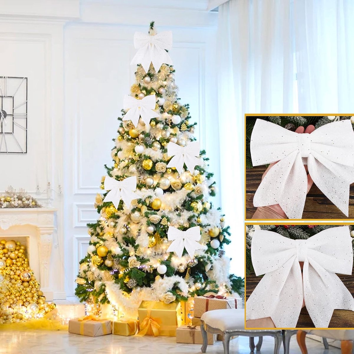 Kerst Strikken - Decoratie Bogen - Kerstboom Versieren - Glinsterend Effect - 5 Stuks - Wit – foto 4