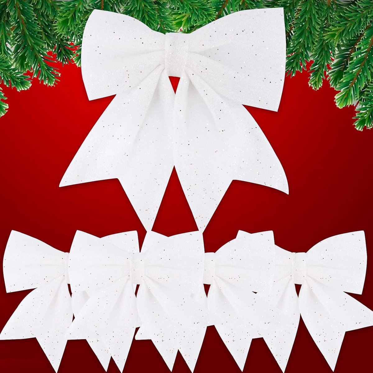 Kerst Strikken - Decoratie Bogen - Kerstboom Versieren - Glinsterend Effect - 5 Stuks - Wit – foto 6