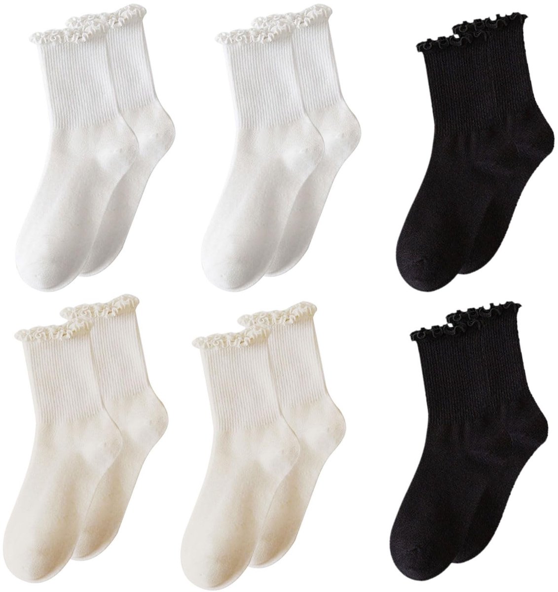 Dailygoods- Frilly Sokken 6 Paar - Zwart/Beige/Wit - Enkelsokken Dames - Ruche Sokken - Mode Sokken - Comfortabel en Ademend