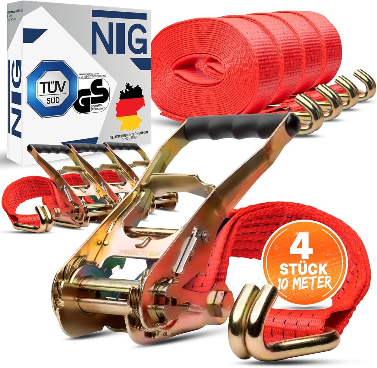 Spanbanden set - Sjorbanden met ratel - Goederen vastzetten - TÜV/GS getest - 4 stuks 10 meter - Rood