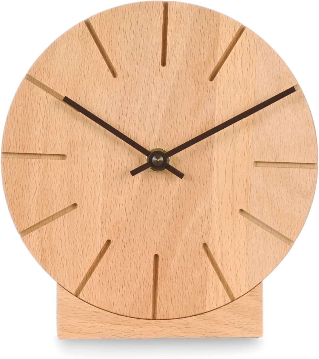 Houten Klok - Wandklok Tafelklok - Tijdweergave Woonkamer - Geruisloze Radio Beweging - Diameter 17 cm - Naturel Hout