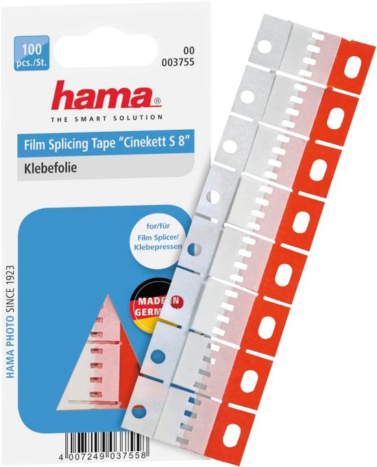 Ruban d'épissure pour film Hama 'Cineket S 8'. 100 pièces, fabriqué en Allemagne. Bandes d'épissure pour film rouges et blanches.