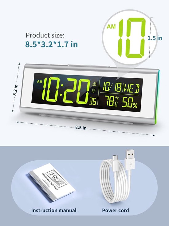 Digitale wekker - Slaapkamer klok - Wakker worden - Sfeerlicht functie - 21 cm - Wit — afbeelding 2