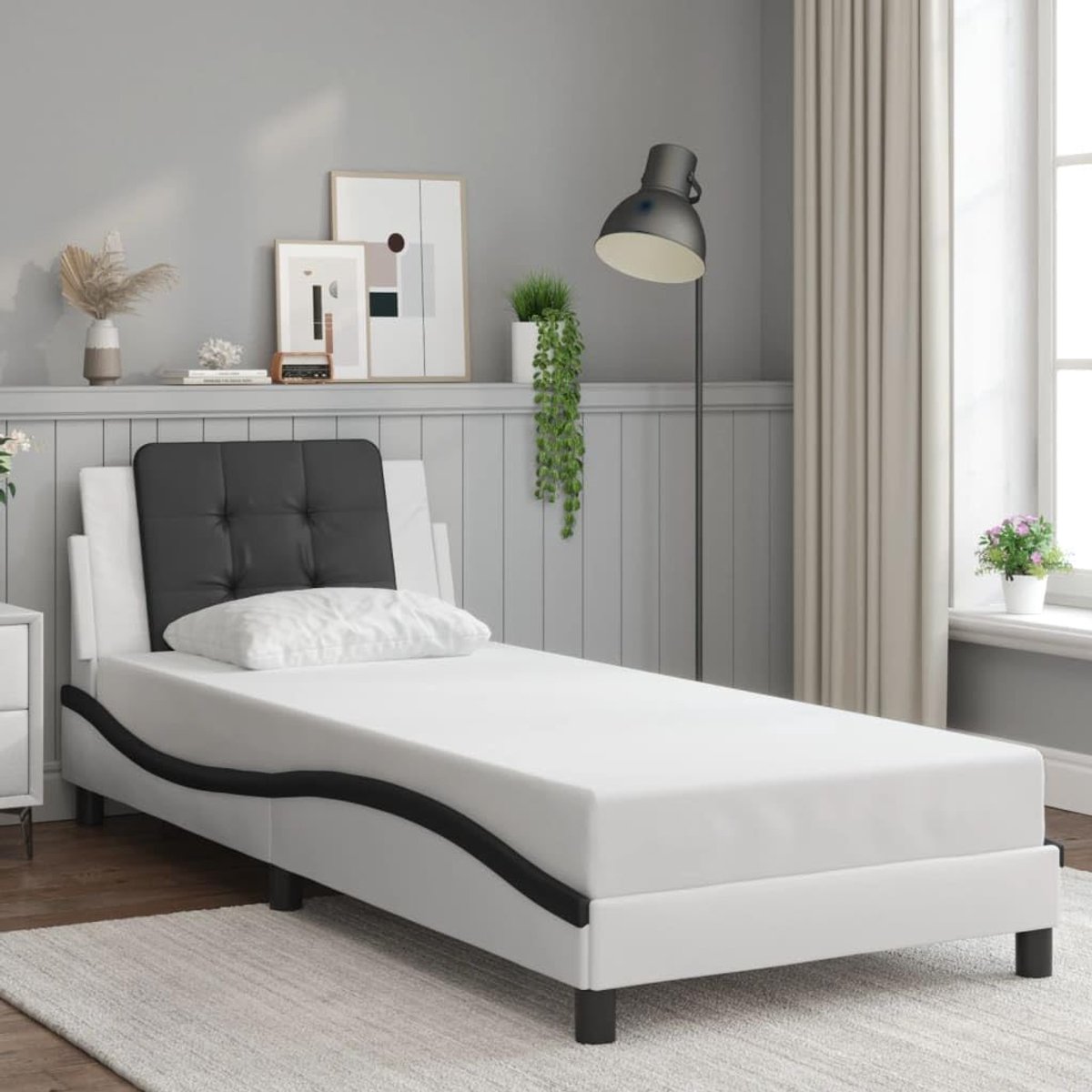 Bedframe met hoofdeinde - Eenpersoonsbed frame - Slaapcomfort verbeteren - Duurzaam kunstleer - 90x190 cm - Wit en zwart