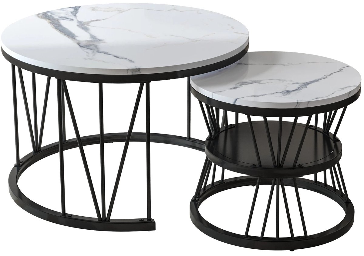 Archi Set van 2 Bijzettafels – Ronde Salontafels - Bijzettafelset - Met Marmerlook Blad – Gouden Metalen Frame – Wit/Zwart