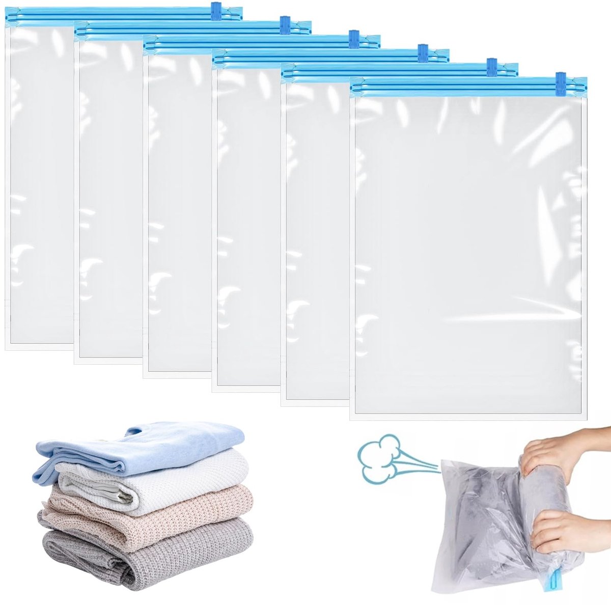 Dailygoods- Opbergzakken 6 Stuks 40x60cm - Oprolbare Compressiezakken - Ruimtebesparend - Hygiënische Bescherming - Voor Koffers/Rugzakken - Transparant