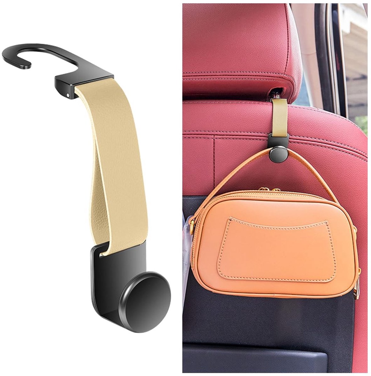 Dailygoods- Hoofdsteunen multifunctionele haken - Autohaken - Hoofdsteunhanger - Opberghaak - Rugleuninghaak - Zwart, beige, oranje - 16 x 4,7 cm