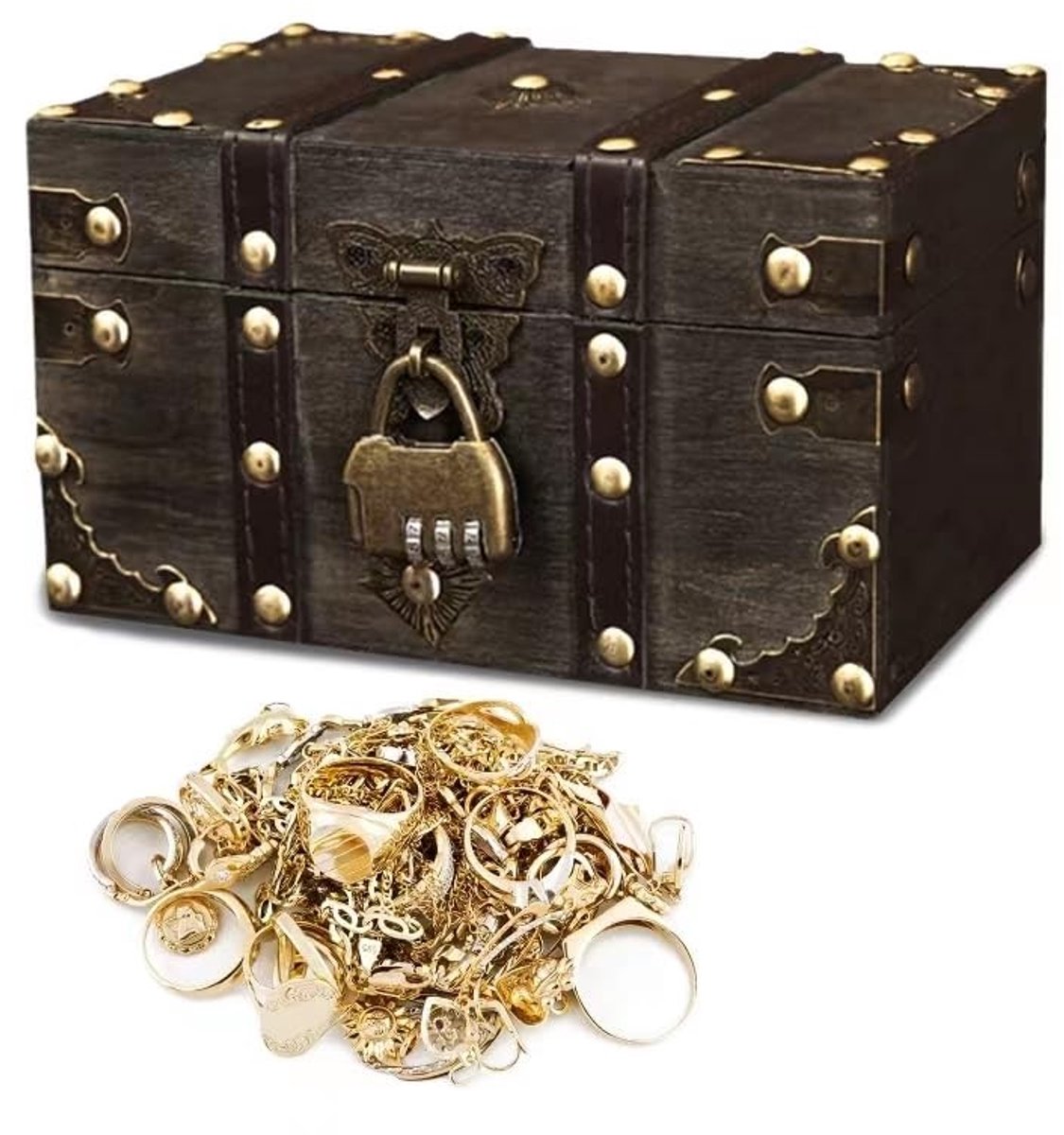 Dailygoods- Schatkist Vintage Houten - Met Cijferslot - Opbergdoos - Decoratie - Duurzaam - Afmetingen 18 x 11 x 10 cm