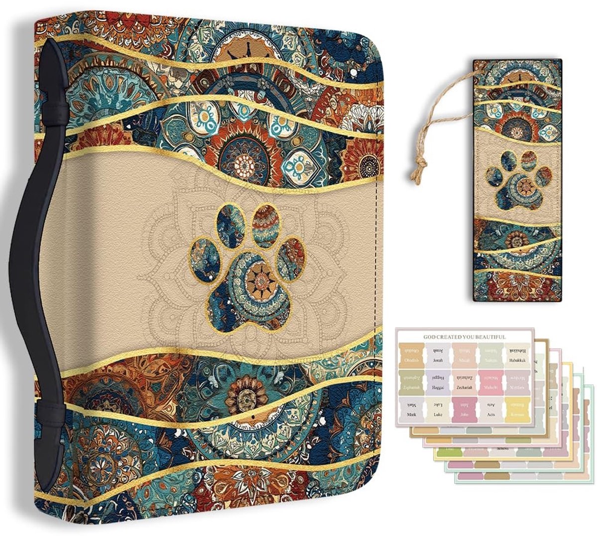 Dailygoods- Bijbelcover Grote Formaat 20.3x28.5x5.9cm - PU Lederen Bijbelhoes - Draagtas voor Boeken - Mandala/Pootafdrukken Design - Inclusief Bladwijzer - Christelijke Draagaccessoires
