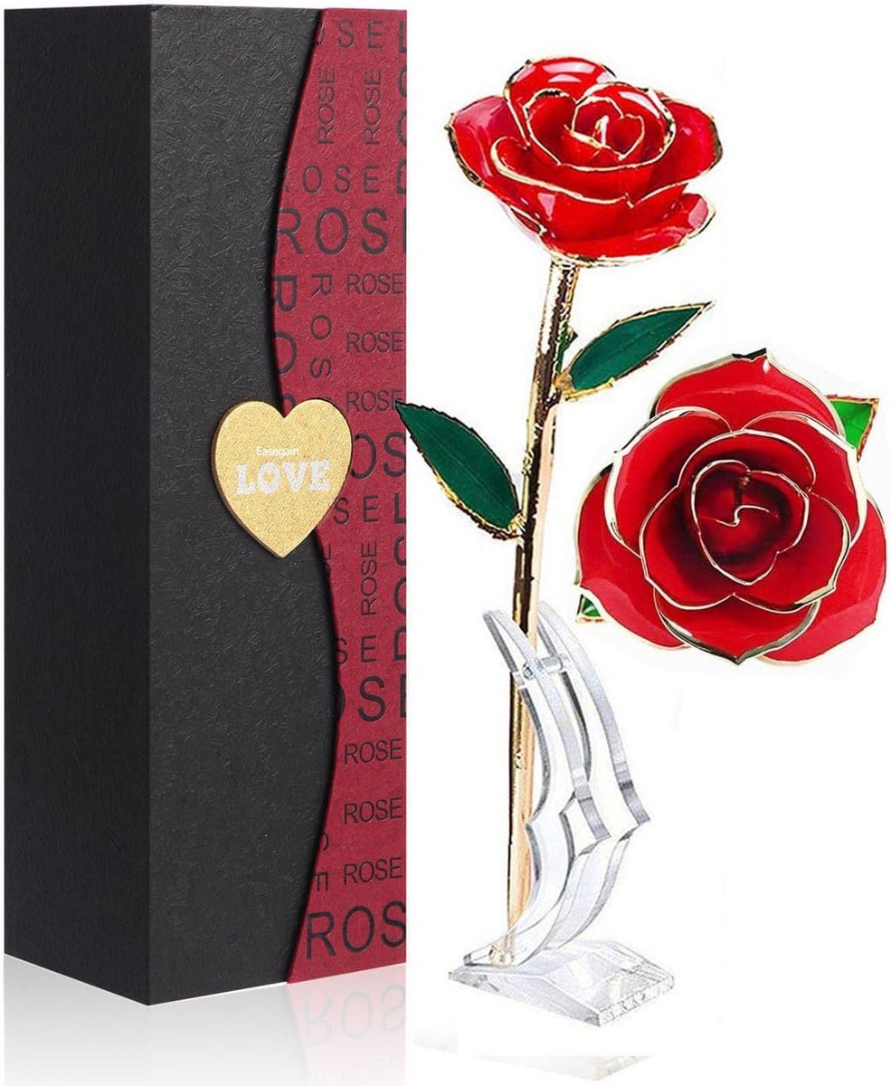 Gouden Roos - Eeuwige bloem - Romantisch cadeau - 24k goud verguld - 28 cm lang - Rood
