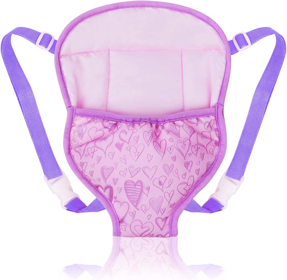 Draagzak voor poppen - Poppenrugzak draagbaar - Poppen verzorgen - Verstelbare banden - 35-45 cm poppen - Paars hart
