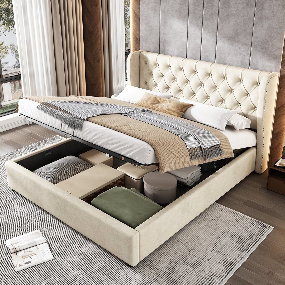 DESMIU Gestoffeerd Bed 140x200 cm – Chesterfield Hoofdbord met Hydraulische Opbergruimte – Lattenbodem – Zonder Matras – Slaapkamer – Fluweel – Beige