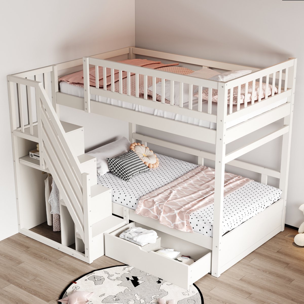DESMIU Stapelbed 90x200cm – Massief Houten Slaapplaats met Hoge Veiligheidshekken – Trap met Opbergruimte en Lades – Kinderkamer – Wit – Zonder matras Grijs