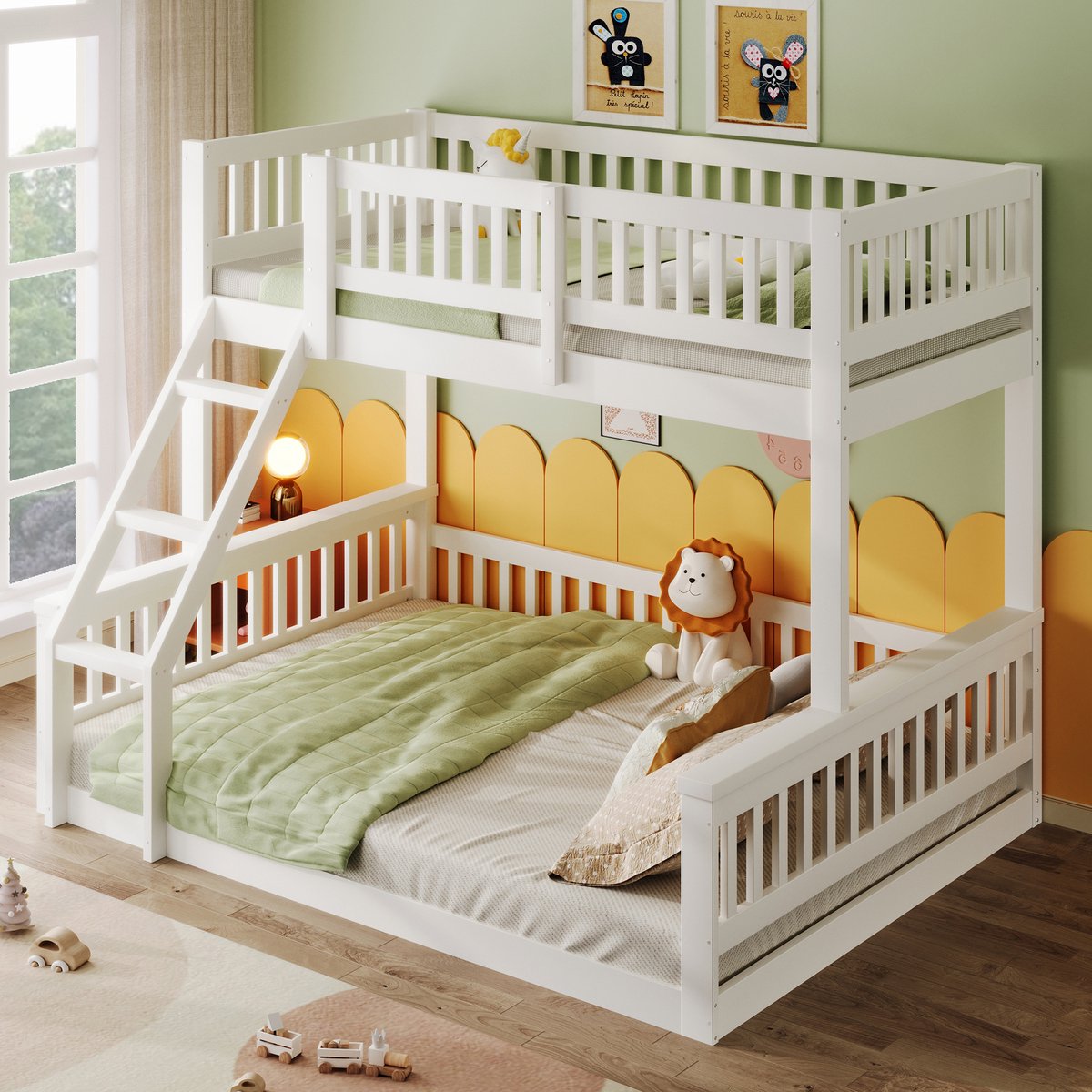 DESMIU Stapelbed 90x200cm en 140x200cm - Veilig kinderbed met trap en veiligheidshekken - Ruimtebesparend voor kinderkamer - Grenenhout - Wit - Zonder matras