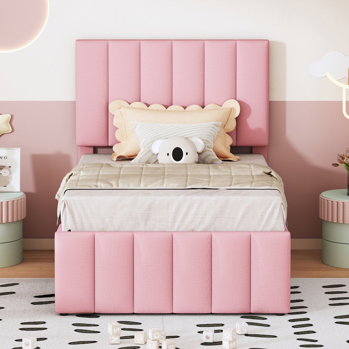 DESMIU Gestoffeerd Bed 90 x 200 cm - Uitrekbaar Logeerbed En 3 Laden - Verstelbaar Hoofdeinde Voor Kinderkamer En Slaapkamer - Stof - Roze Zonder Matras