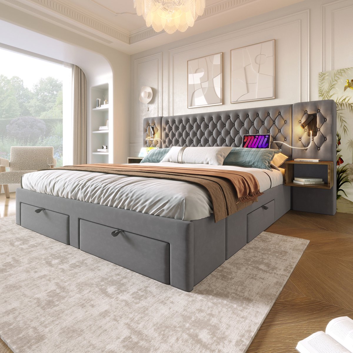 DESMIU Gestoffeerd Bed 160x200cm - Tweepersoonsbed Met Leeslamp En Oplaadfunctie - Hoofdbord Met Opbergruimte En 4 Lades - Met 2 Nachttafels - Vintage Fluweel - Grijs - Met Matras