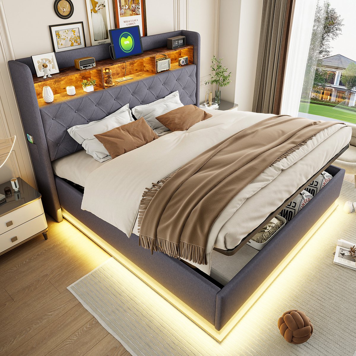 DESMIU Gestoffeerd Bed 180x200 Cm - Led Verlichting Met Usb Oplaadpunt - Hydraulische Opbergruimte Onder Bed En In Hoofdbord - Voor Slaapkamer - Linnenstijl - Grijs Zonder Matras