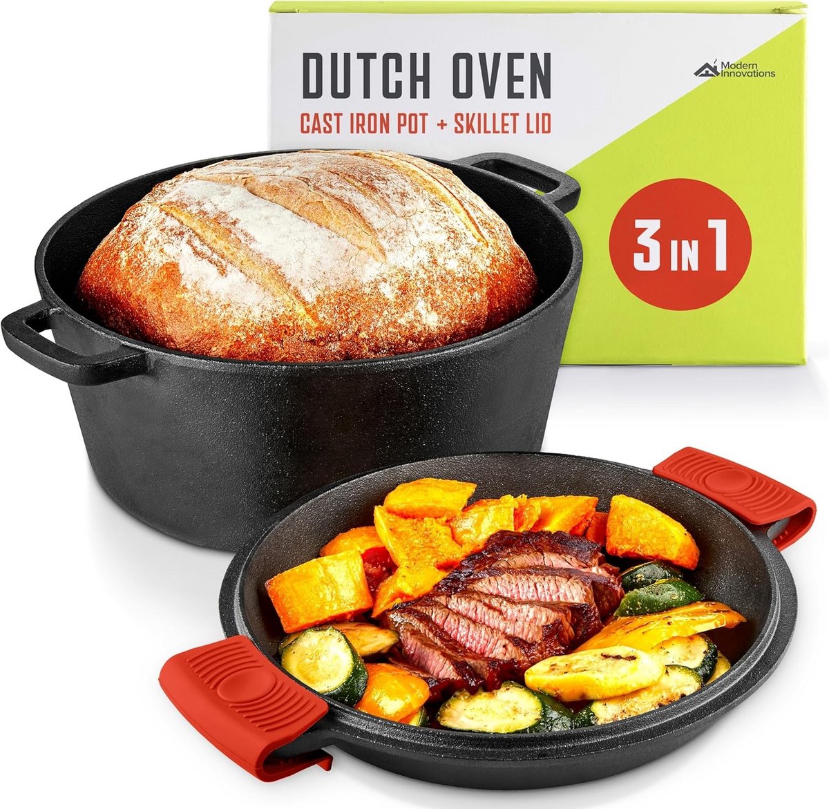 Gietijzeren Braadpan - Pan met Deksel - Langzaam Garen - 2-in-1 Ontwerp - 5 Liter - Zwart