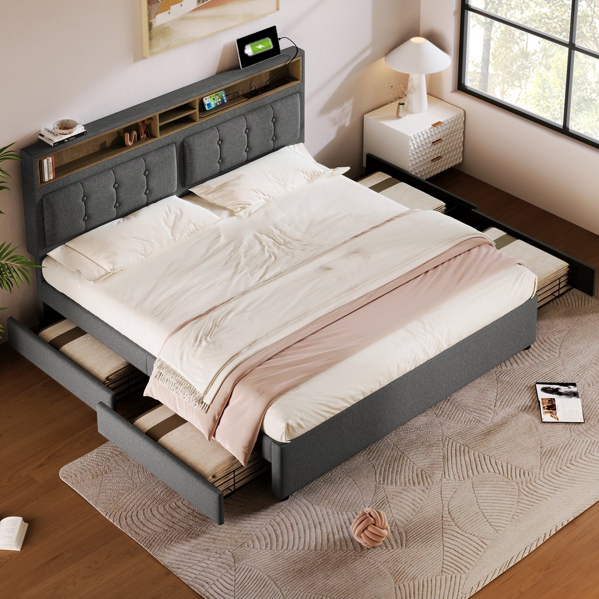 DESMIU Gestoffeerd Bed 140x200cm – Verstelbaar Hoofdbord Met Oplaadpunt – 4 Lades En Opbergruimte – Voor Slaapkamer – Linnenstof – Grijs Zonder Matras