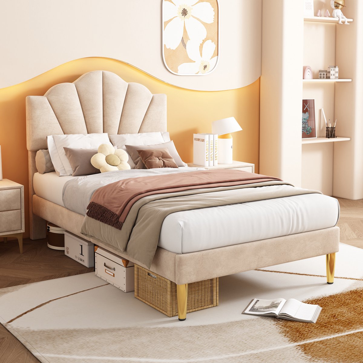 DESMIU Gestoffeerd Bed 90x200 cm Met Matras – Muschelvormig Hoofdbord Met Verstelbare Hoogte – Onderbedruimte 22 Cm – Slaapkamer – Fluweel – Beige