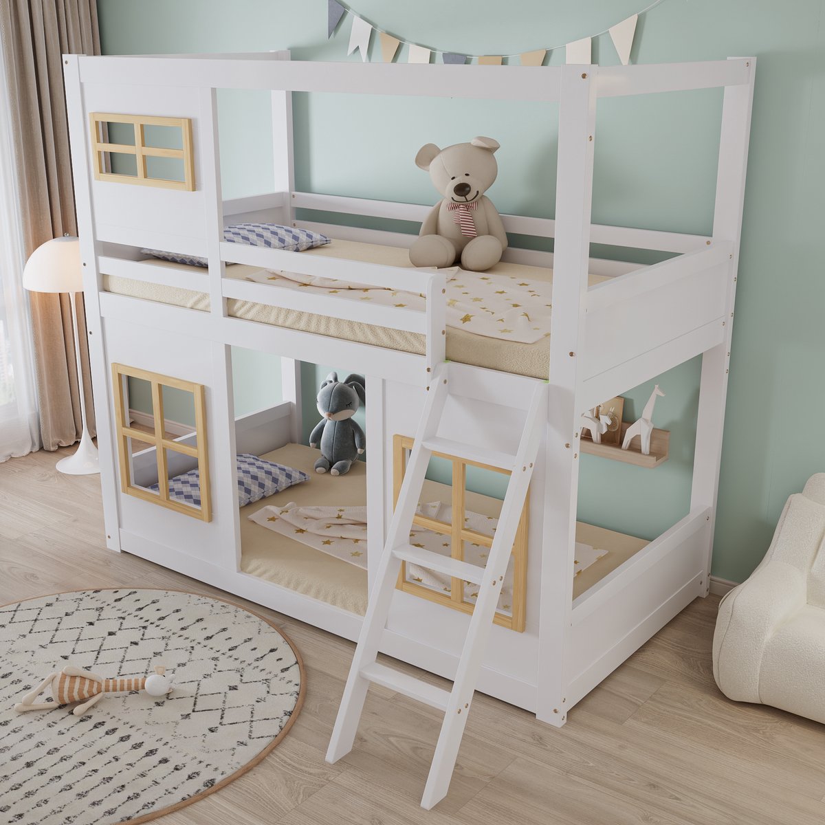 DESMIU Kinder Stapelbed 90x200cm - Bed Met Schattige Vensters - Stabiele Klimtrap - Vierzijdige Bescherming - Kinderkamer - Massief Hout En MDF - Wit En Natuurlijk - Zonder Matras