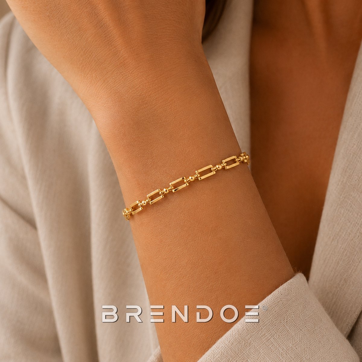 Brendoe Goudkleurige Armband Dames – 18K Vergulde RVS Schakelarmband – Verstelbare Rechthoekige Schakels