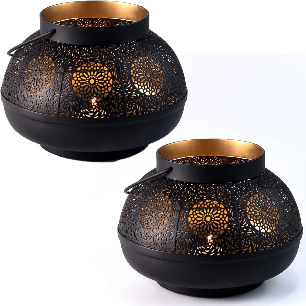 Tuinwindlichten set - Buitenlantaarns metaal - Gezellige sfeer creëren - Oosters kunsthandwerk - 17 cm hoog - Zwart goud