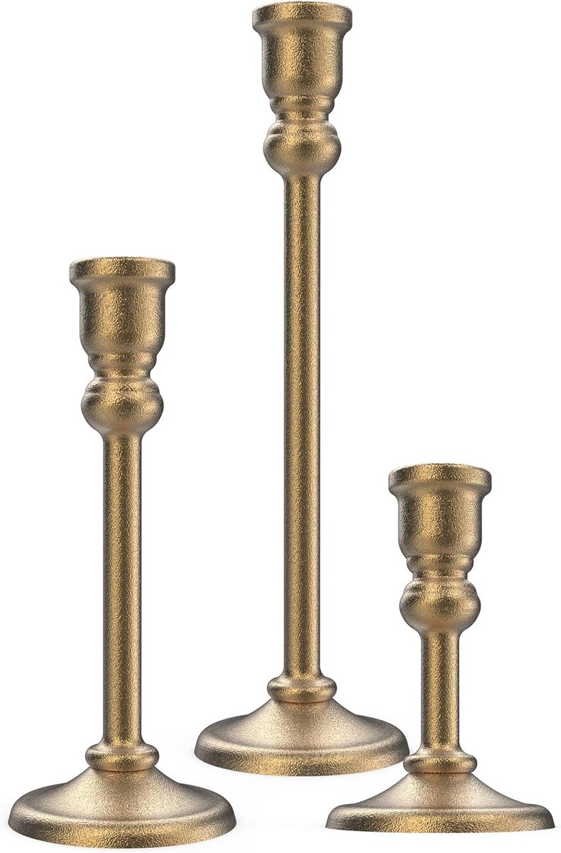 Set van 3 metalen kandelaren - Zware, antieke goudkleurige tafeldecoratie voor diner of bruiloft