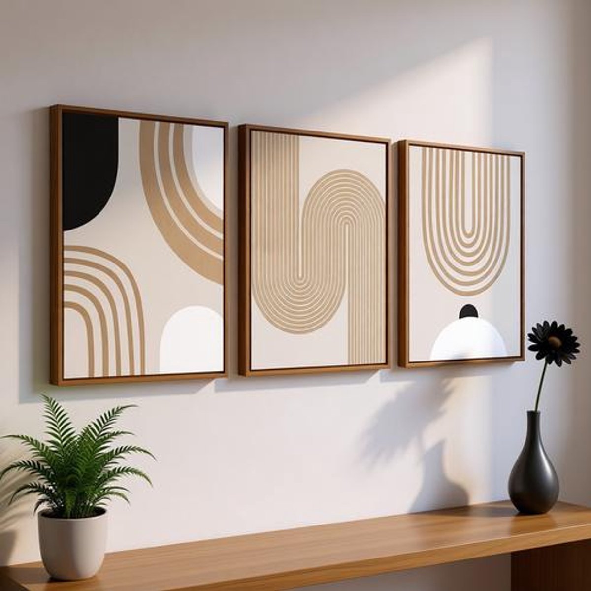 Set van 3 Ingelijste Canvas Muur Kunst - Boho Minimalistische Abstracte Schilderij Prints - Caramel Beige Geometrisch - 30x40cm per stuk