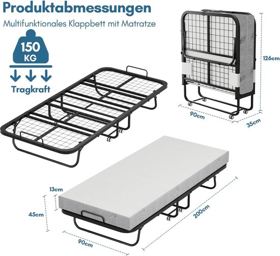 Vouwbed - Gastenbed - Logeren - 13cm dikke matras - 90 x 200 cm - Mat Zwart — afbeelding 3