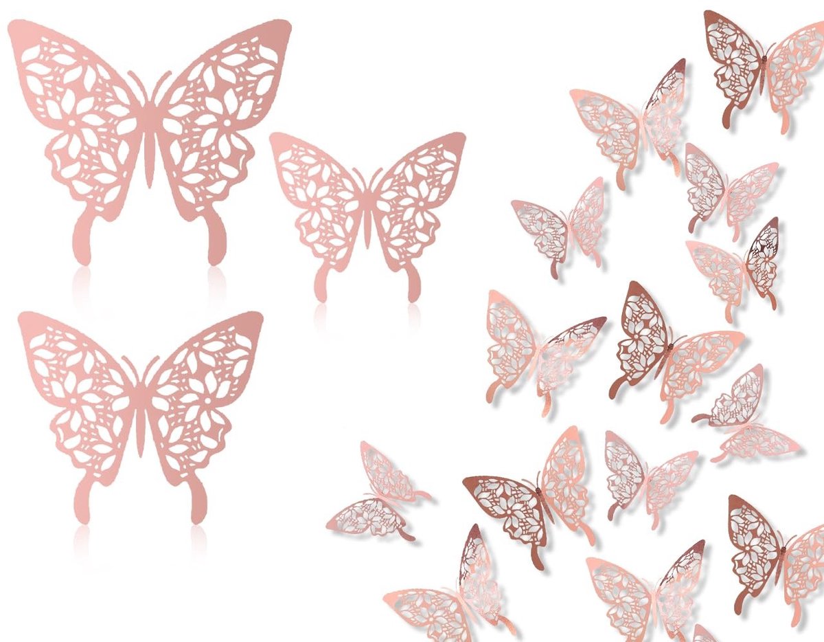 Dailygoods- Muurstickers 3D Vlinders - Set van 24 Stuks - Afneembare Decoratie - Kamerdecoratie - Feestdecoratie - Roségoud - Muurdecoratie
