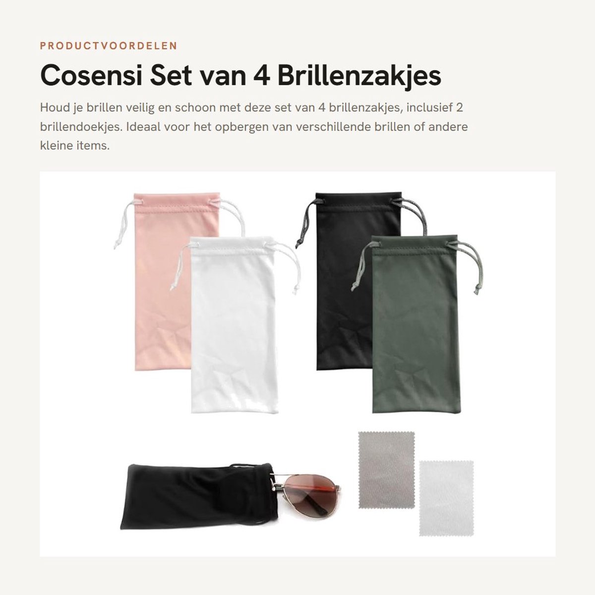 Dailygoods- Brillenzakjes 4 stuks - Zachte stoffen tas met trekkoord - Waterdichte zak - Inclusief brillendoekjes - Afmeting 17,5 x 9 cm - Kleur: zwart/wit/grijs/roze - Brillenhoes