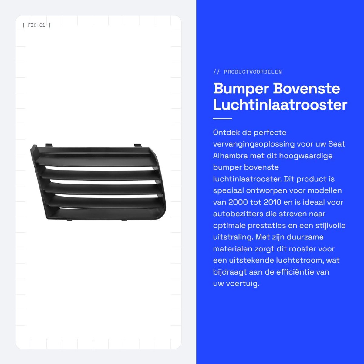 Dailygoods- Luchtinlaatrooster Bovenste Grill - Vervanging voor Seat Alhambra 7M 2000-2010 - ABS Materiaal - OEM 7M785365401C - Montage Inclusief - 1 Stuk