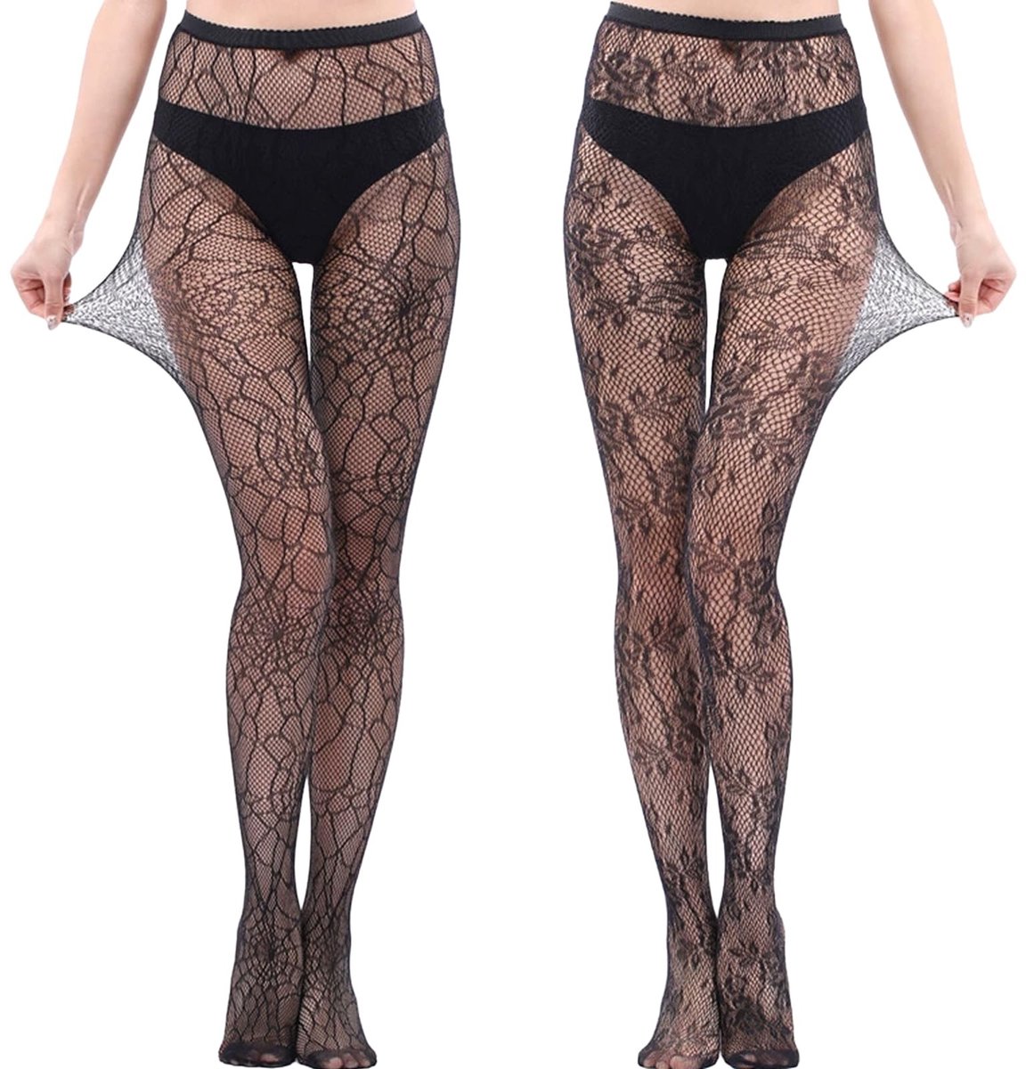 Dailygoods- Damespanty 2 Stuks - Netpanty/Zwart - Bloemenkant/Spinnenwebdesign - Rekbaar/Ademend - S-XL - Perfect voor Feestjes
