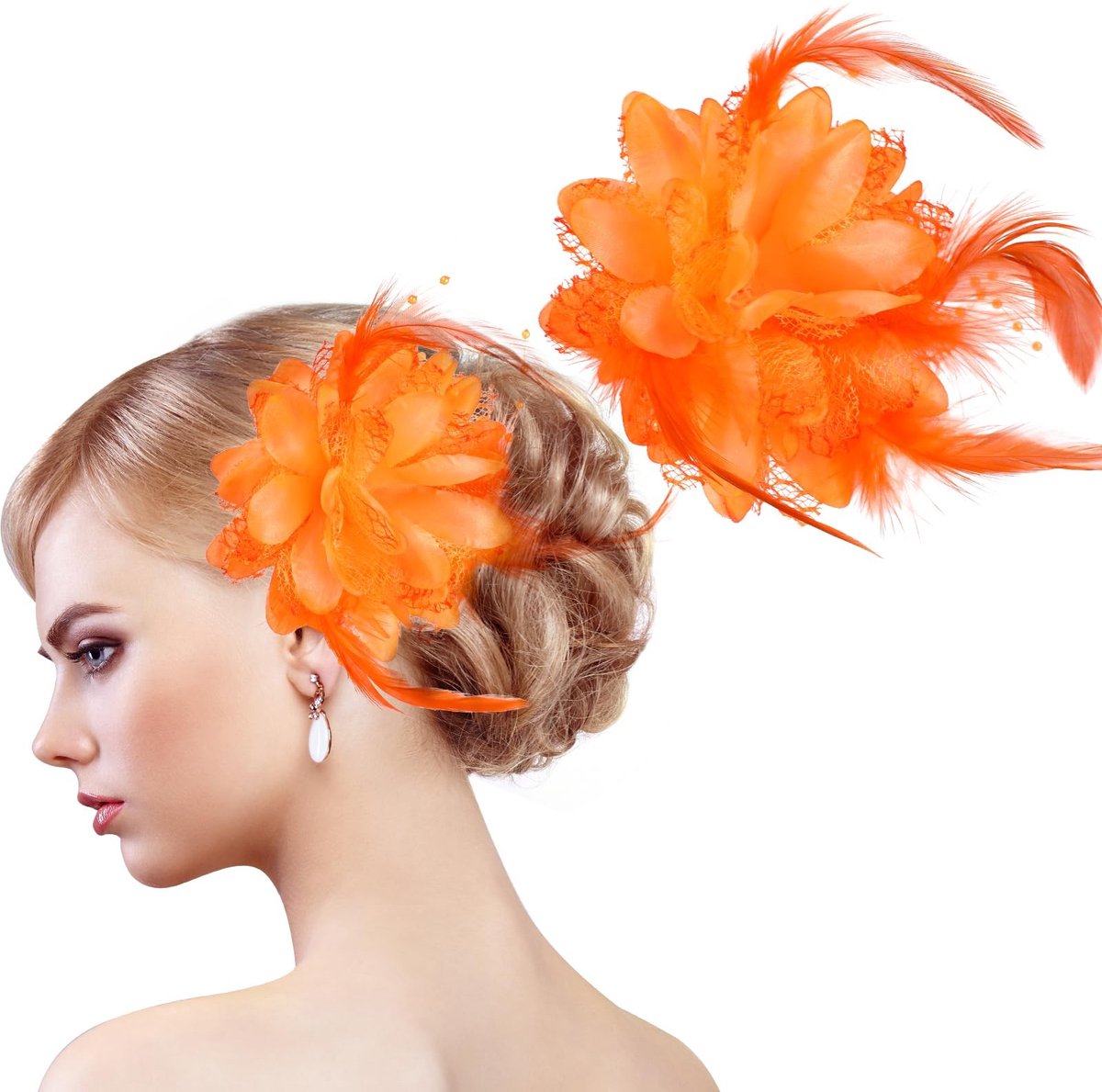 Dailygoods- Haarspelden 2 stuks - Retro Fascinator - Veerbloem Hoofddeksel - Oranje Haaraccessoires - Vintage Stijl - Geschikt voor Dames