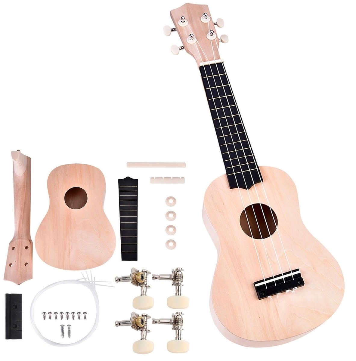 Dailygoods- Ukelele Bouwpakket 21 Inch - 4 Snaren - Linde Hout - Doe-Het-Zelf Ukelele - Onbeschilderd - Inclusief Mechanieken - Bouwset